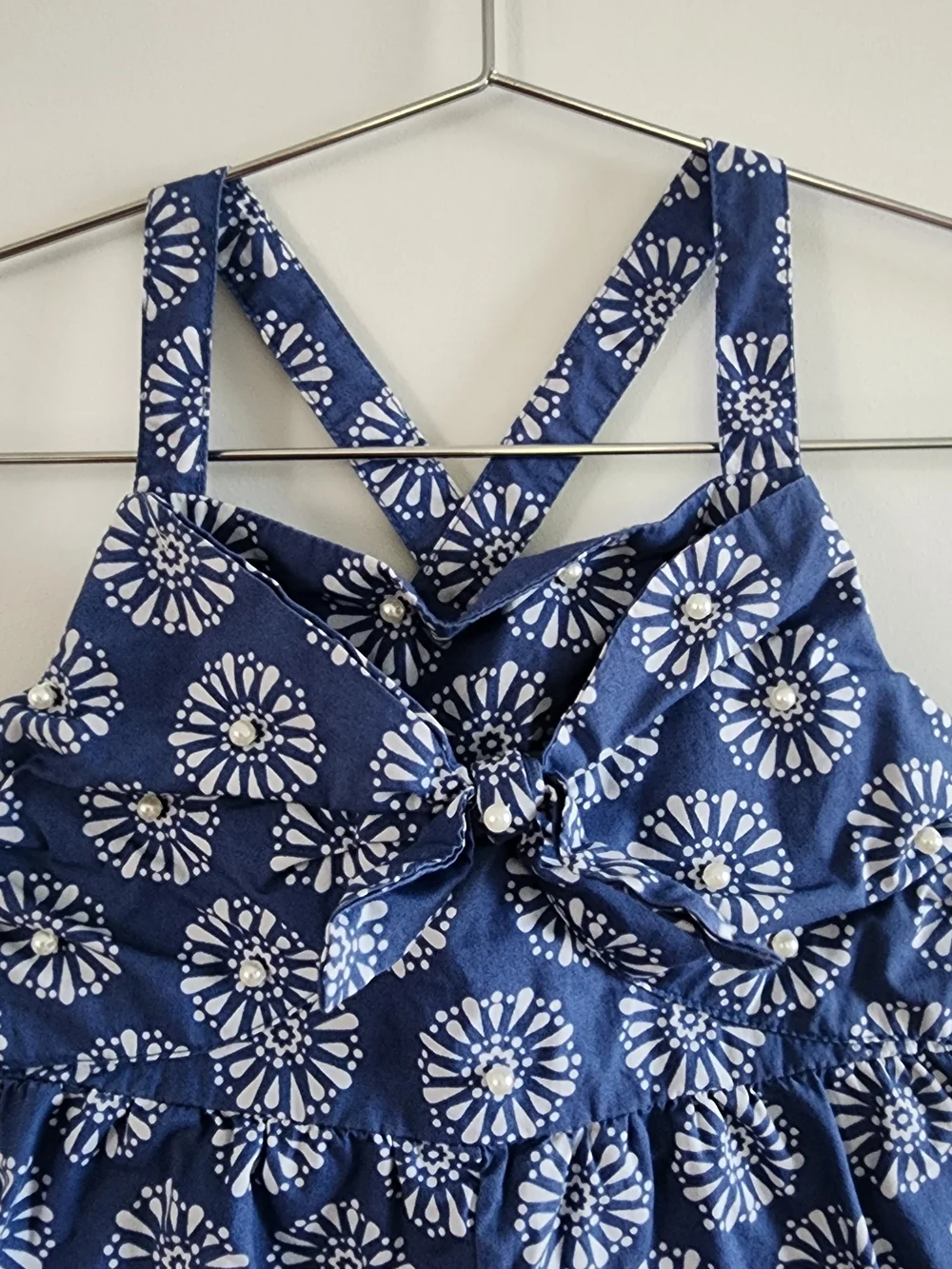 Tommy Bahama Girls Romper Blue White Floral Halter Pearls Sz 5-6 Vacation Summer